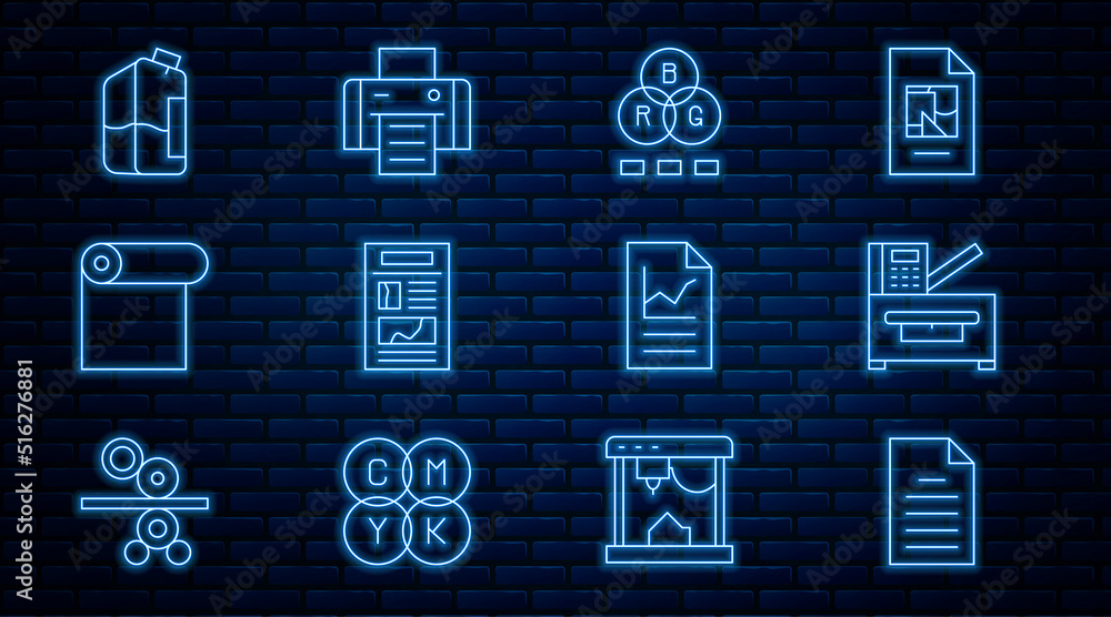 Poster set line file document, copy machine, rgb color mixing, news, roll of paper, printer ink bottle, doc