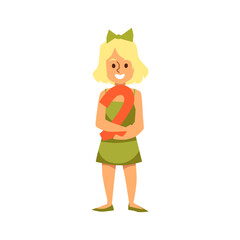 Little blonde girl with green bow hugs number two flat style