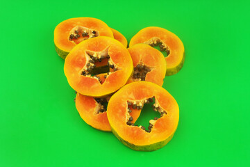 Sliced papaya fruit on green background	close-up