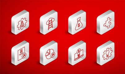 Set line Light bulb and gear, Stair with finish flag, Money bag, Piece of puzzle, dollar laptop, Startup project concept, Financial growth and Job promotion icon. Vector