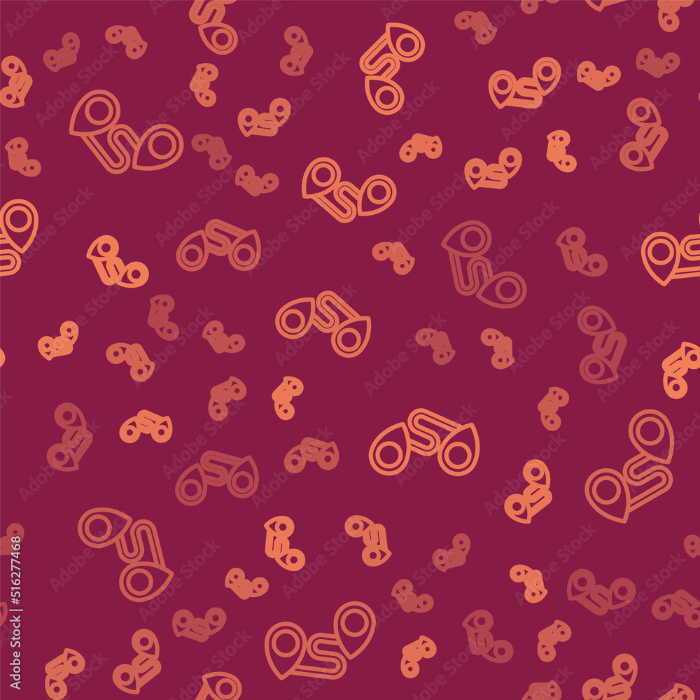 Poster brown line route location icon isolated seamless pattern on red background. map pointer sign. concep
