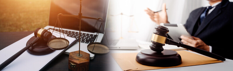 justice and law concept.Male judge in a courtroom on wooden table and Counselor or Male lawyer working in office. Legal law, advice and justice concept.