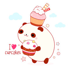 Cute square card in kawaii style. Funny fat panda with cupcakes. Inscription I love cupcakes. Can be used for t-shirt print, stickers, greeting card design. Vector illustration EPS8