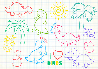 Set of cute hand drawn sketches with dinosaurs - stegosaurus, tyrannosaurus, diplodocus, triceratops. Collection of funny dinos. Sketch on notebook page. Vector illustration EPS8