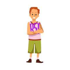 Smiling boy with arms crossed on chest holding purple letters R, S, T flat style