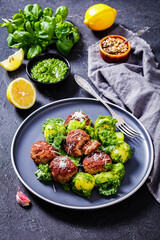 finnish beef meatballs with potatoes and pesto