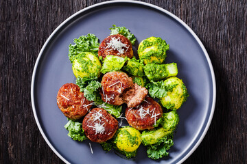 finnish beef meatballs with potatoes and pesto