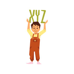 Nice boy in trendy overalls holding over head green letters X, Y, Z flat style