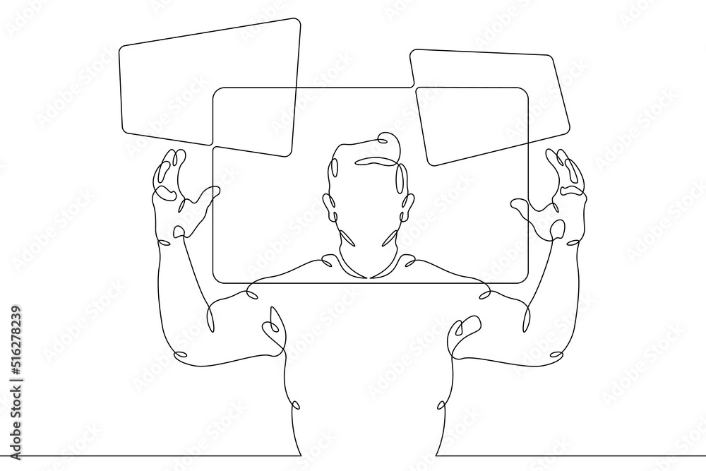 Poster one continuous line. the student reads the information on the screen. learning with the help of new 