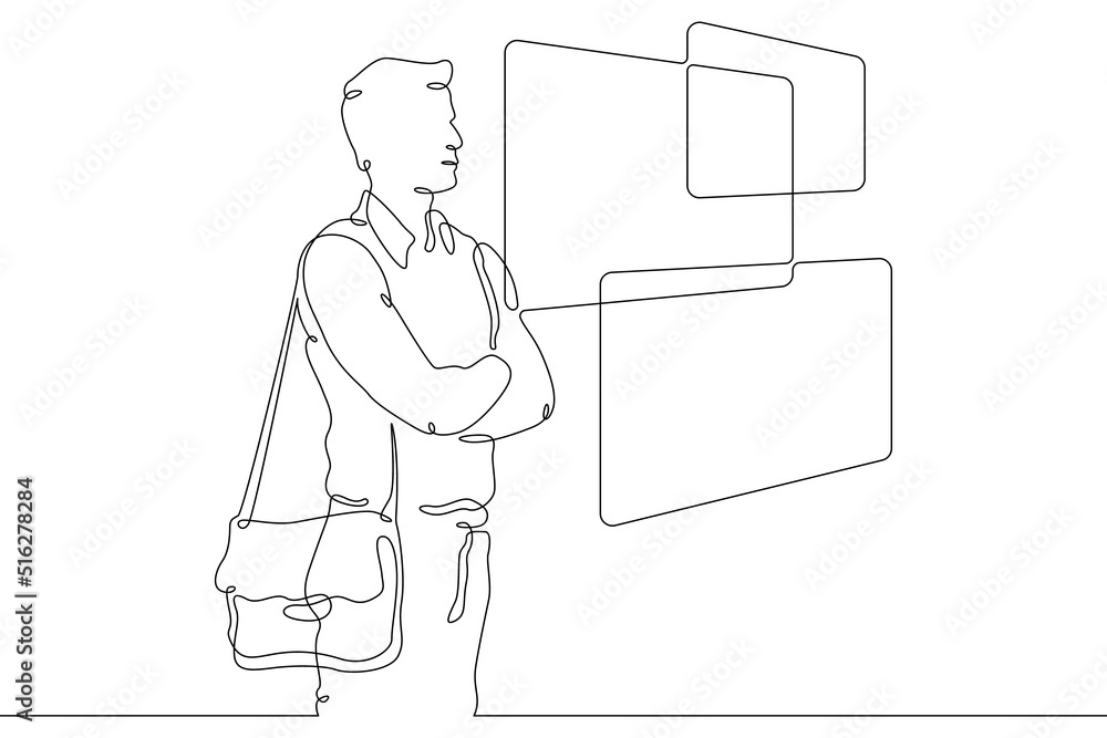 Poster one continuous line. the student reads the information on the screen. learning with the help of new 