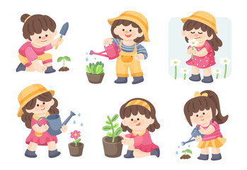 Illustration of cute girl doing gardening