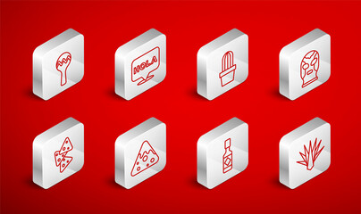 Set line Agave, Hola, Cactus or succulent in pot, Mexican wrestler, Tabasco sauce, Maracas, Nachos and icon. Vector © vector_v