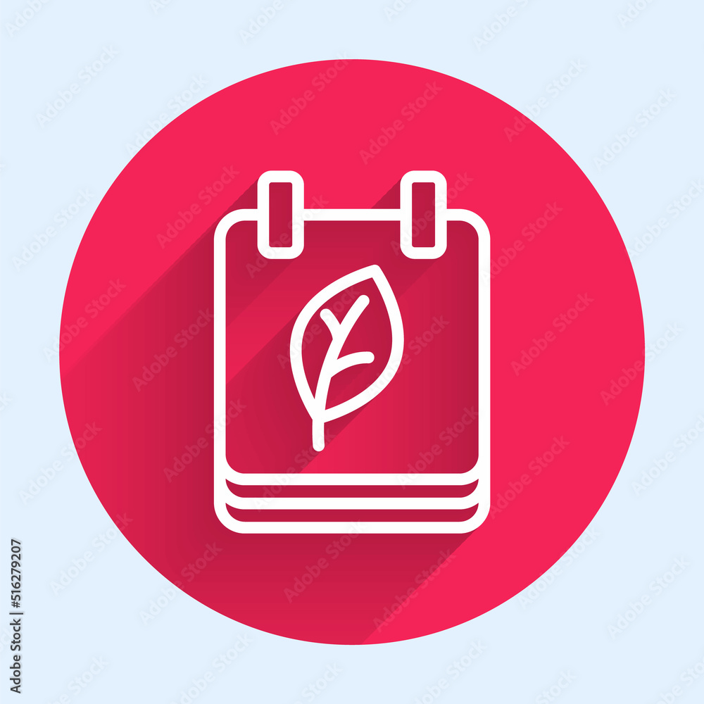 Aufkleber white line calendar with autumn leaves icon isolated with long shadow background. red circle button.