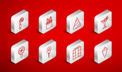 Set line Ice cream in waffle cone, Magician hat and rabbit ears, Party, Martini glass, Gift box, Birthday party horn, Balloon with ribbon and Lollipop icon. Vector