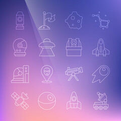 Set line Mars rover, Comet falling down fast, Rocket ship, Asteroid, UFO flying spaceship, Astronaut helmet, and Astronomical observatory icon. Vector