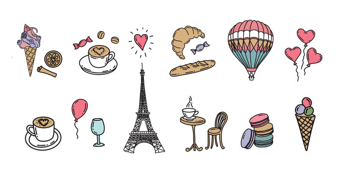 French icons, Paris sketch illustration. Vector.	