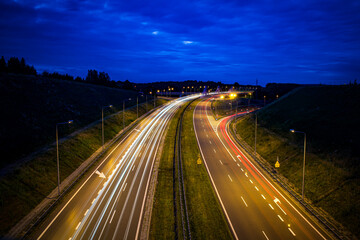 most nad autostradą Mszana,  polska, Autostrada A1, światła miasta, light trail, night, Road, street light, city street, speed, 
