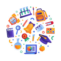 School Objects and Supplies with Backpack, Graduation Hat, Alarm Clock and Bell Vector Round Composition