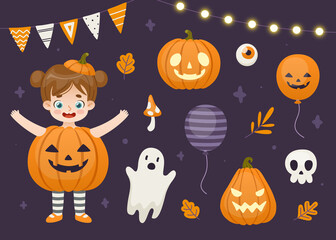 Cute halloween decor set and girl in pumpkin costume. Halloween kids party vector collection.