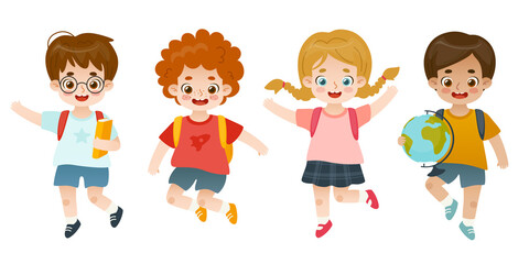 Set of adorable school children. Happy cartoon kids jumping. Cute pupils collection.