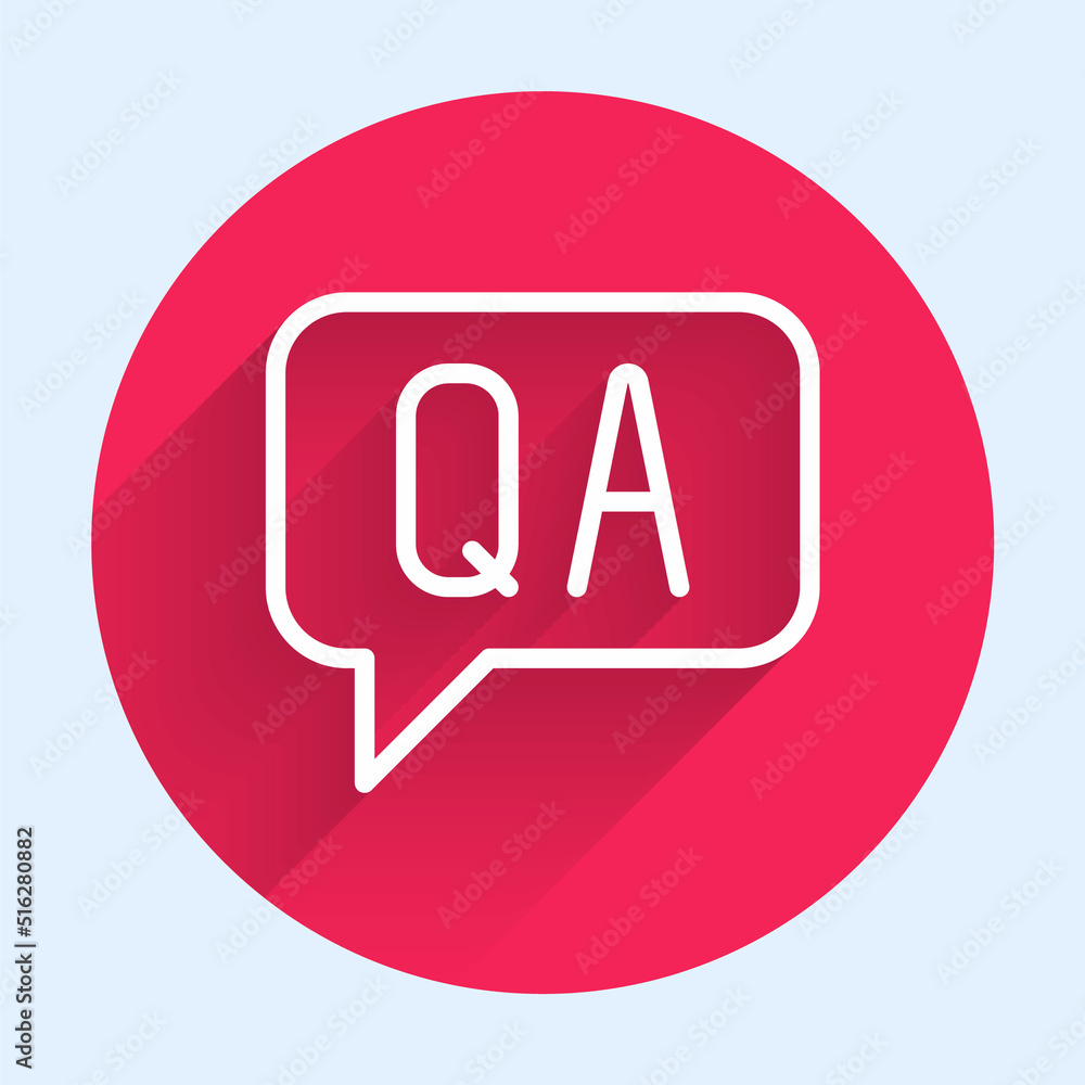 Poster white line speech bubbles with question and answer icon isolated with long shadow background. q and 
