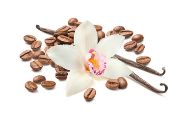 Vanilla flower and roasted coffee beans isolated on white background. Top view.
