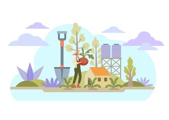 A gardener holding a large onion It was cultivated in the countryside with a rake, shovel, hoe, soil, wheelbarrow and other tools. Farmers will plant in the spring, the plants will grow well.