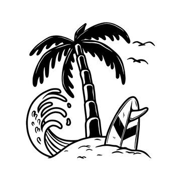 Illustration of palm with wave and surfing deck. Vector illustration