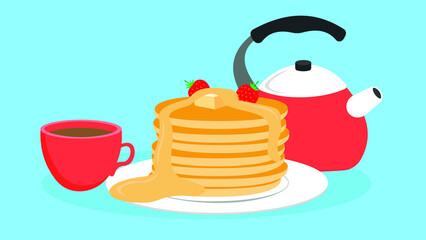 Plate with pancakes with berries and topping and a teapot with a cup of tea
