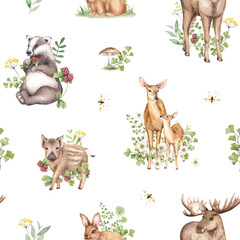 Watercolor baby rabbit, fawn, deer, moose, wild boar, badger, floral forest illustration. Woodland seamless pattern with cute animals. Hand painted nature print for kids design, fabric, textile