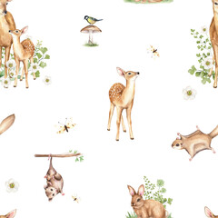 Watercolor baby rabbit, flying squirrel, opossum, fawn, deer, wild forest illustration. Woodland seamless pattern with cute animals Hand painted nature print for kids design, fabric