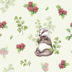 Watercolor badger with raspberry and wild fern, floral forest illustration on light green background. Woodland seamless pattern with cute animal. Hand painted nature print for kids design