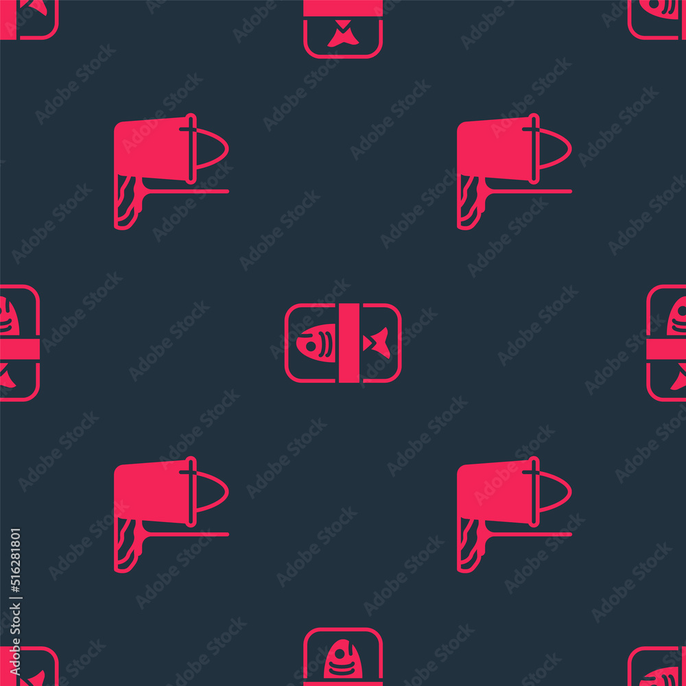 Poster set mop and bucket and fish plastic tray container on seamless pattern. vector