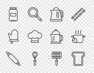 Set line Rolling pin, Bread toast, Electric kettle, Kitchen whisk, Jam jar, Chef hat, Barbecue steel grid and Cooking pot icon. Vector