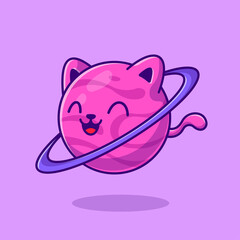 Cute Cat Planet Cartoon Vector Icon Illustration. Animal Space Icon Concept Isolated Premium Vector. Flat Cartoon Style