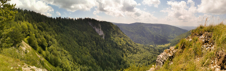 Crête et falaise calcaire, vue depuis le bord de la falaise du cirque d’Orvaz, Jura, Ain, Auvergne-Rhône-Alpes, France