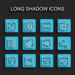 Set line Browser window, Laptop with browser, Cloud technology data transfer, Search engine, incognito, Magnifying glass check mark and Website stocks market icon. Vector