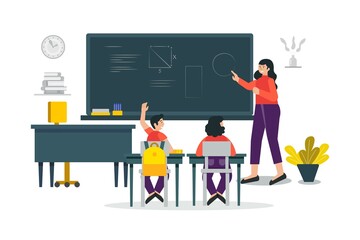 The teacher is teaching the students in the classroom by writing messages on the blackboard for the students to see. of knowledge that the teacher will teach, flat illustration