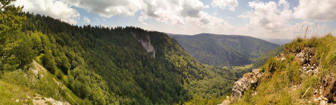 Cr&ecirc;te et falaise calcaire, vue depuis le bord de la falaise du cirque d&rsquo;Orvaz, Jura, Ain, Auvergne-Rh&ocirc;ne-Alpes, France