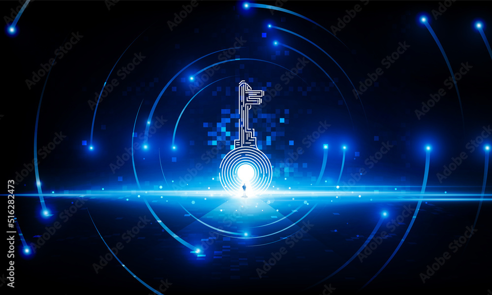 Poster abstract pixel key door open light out technology and question mark background hitech communication 