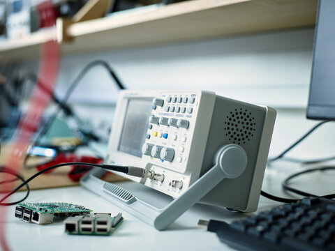 Oscilloscope on desk in laboratory