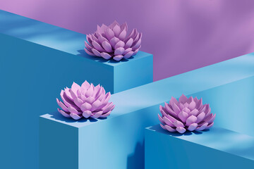 Studio shot of pink colored succulent plants lying on top of blue ledges