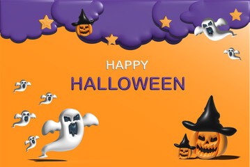 Happy Halloween banner or party invitation background with ghosts and pumpkins in paper cut style with gradients.