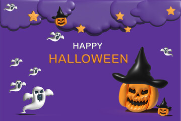 Happy Halloween banner or party invitation background with ghosts and pumpkins in paper cut style with gradients.