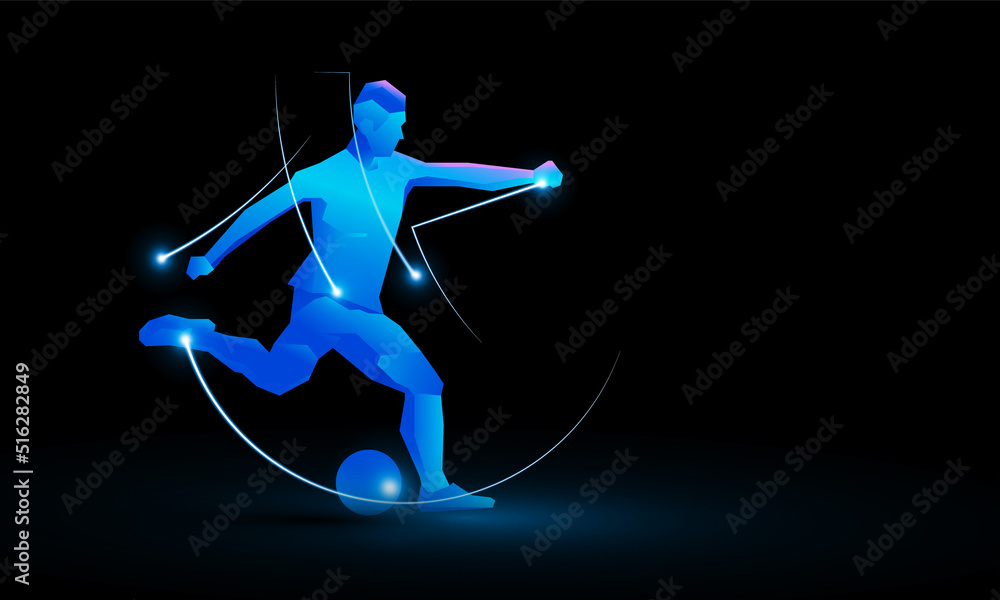 Wall mural Abstract technology, polygonal soccer player with futuristic element background Hitech communication concept of sport science vector design.