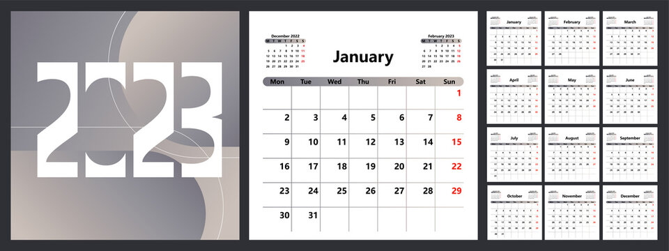 Calendar planner for 2023. The week starts on Monday. Vector illustration