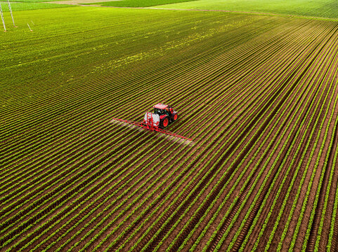Pesticide spraying tractor on soybean crops at sunset
