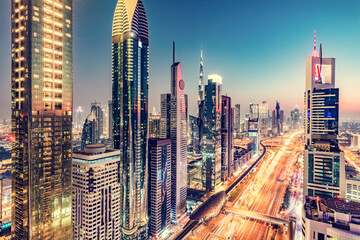 Skyscrapers in Dubai UAE at night. United Arab Emirates