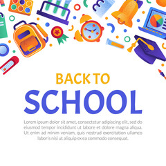 School Objects and Supplies Design with Backpack, Alarm Clock and Bell Vector Template