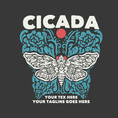 t shirt design cicada with cicada and gray background vintage illustration - obrazy, fototapety, plakaty
